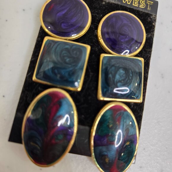 Vintage Earrings New Swirl Purple Blue Gold Tone Pierced Lot of 3 Twenty West 80 - Picture 3 of 6